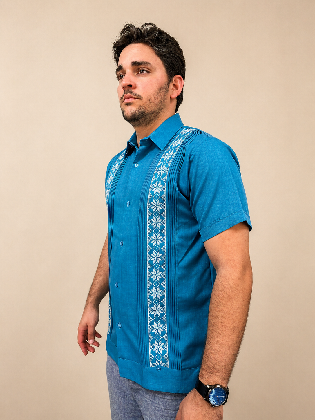 Men's Traditional Embroidered Turquoise Guayabera
