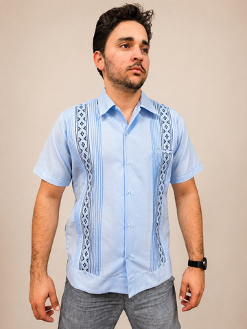 Men's Embroidered Traditional Light Blue Guayabera