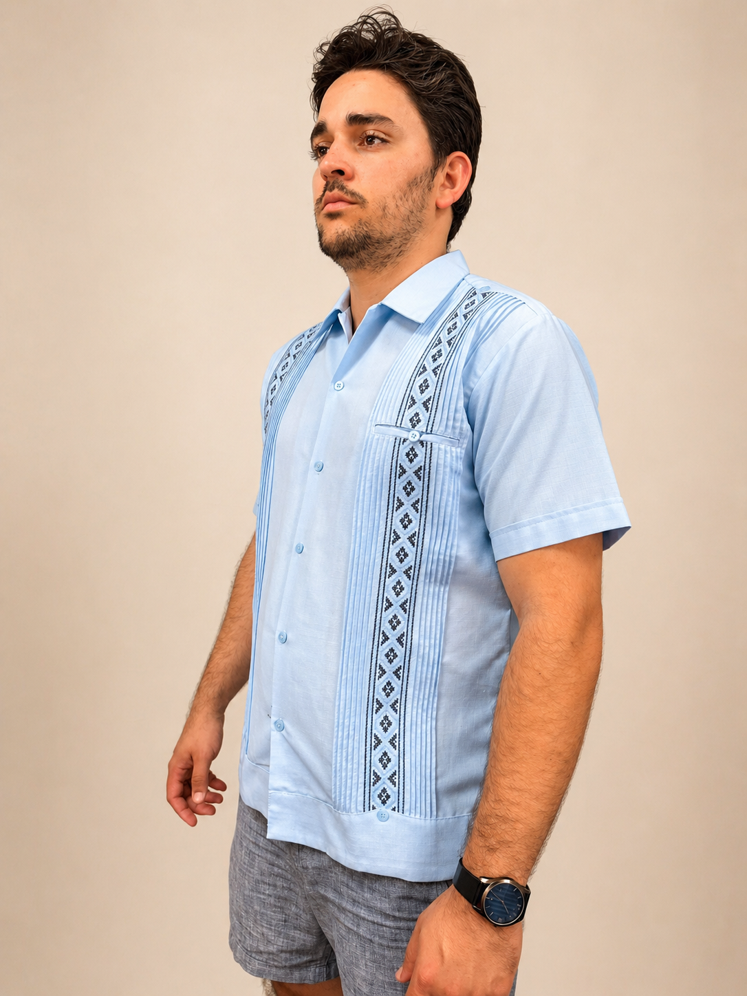 Men's Embroidered Traditional Light Blue Guayabera