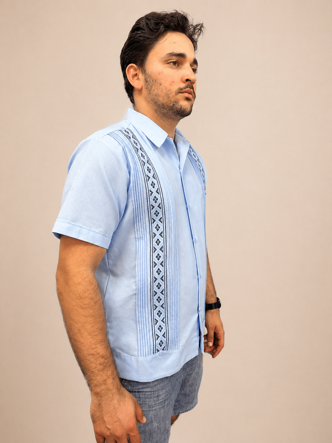 Men's Embroidered Traditional Light Blue Guayabera