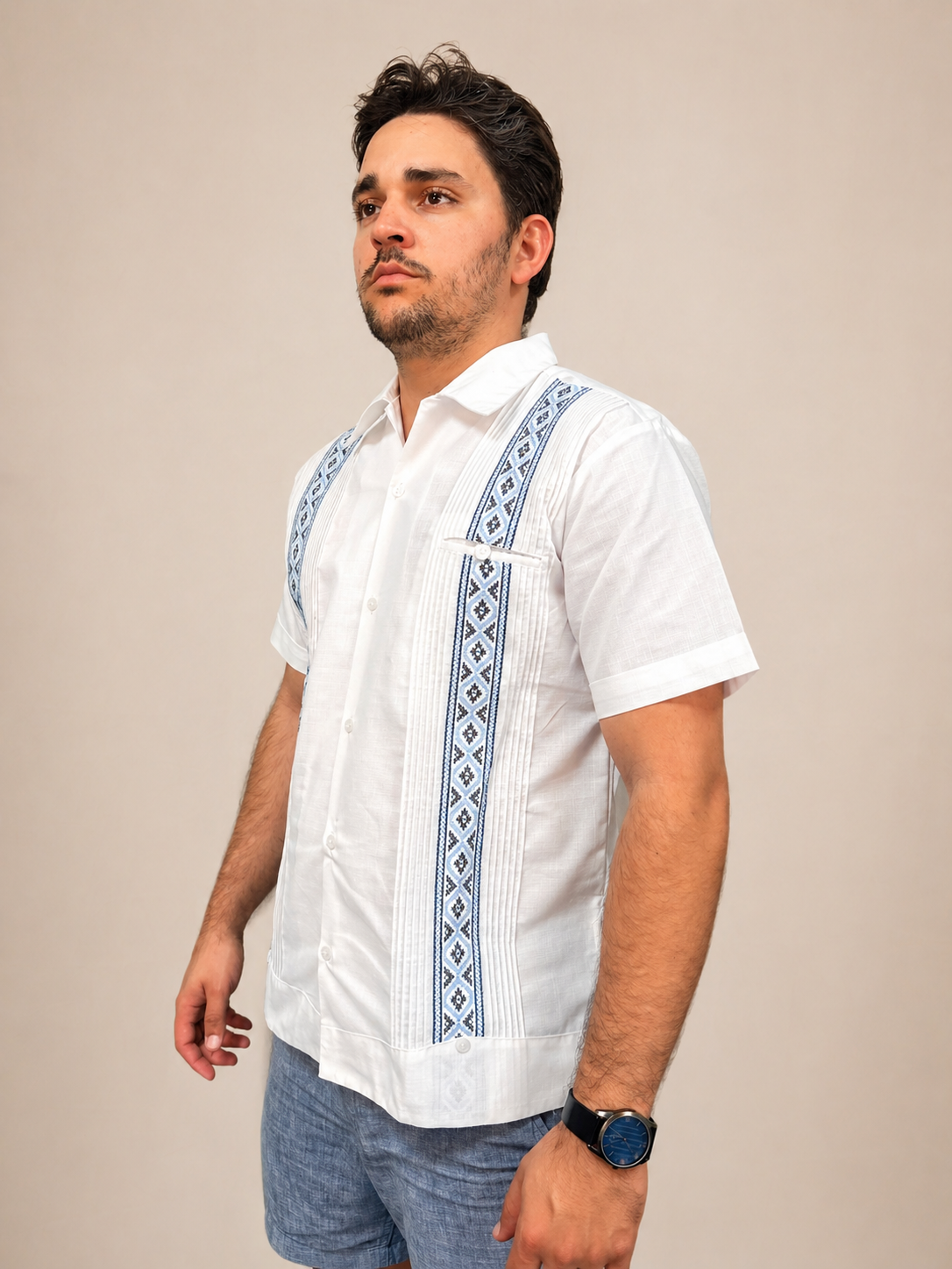 Men's Traditional Embroidered White and Blue Guayabera
