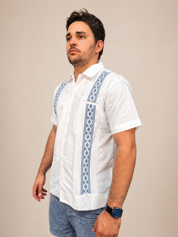 Men's Traditional Embroidered White and Blue Guayabera