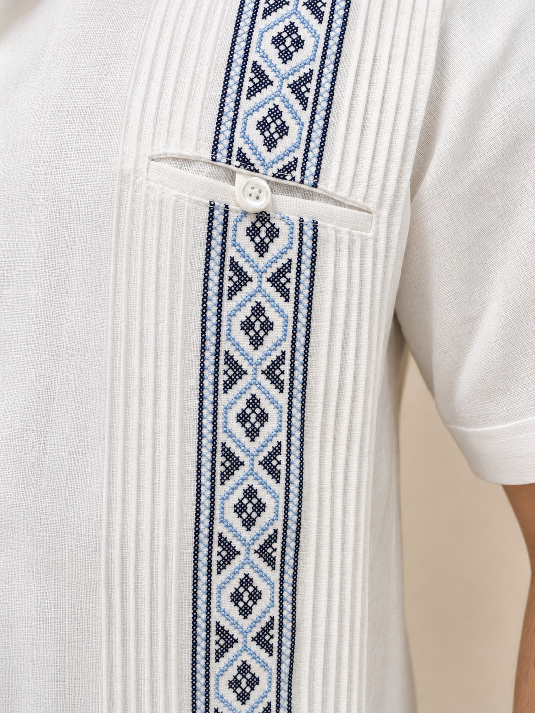 Men's Traditional Embroidered White and Blue Guayabera