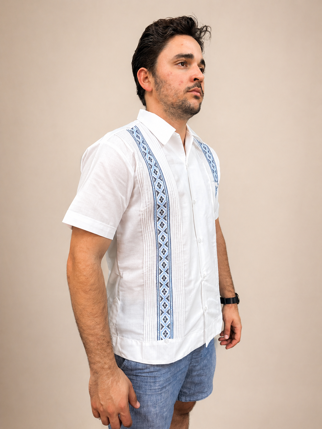 Men's Traditional Embroidered White and Blue Guayabera