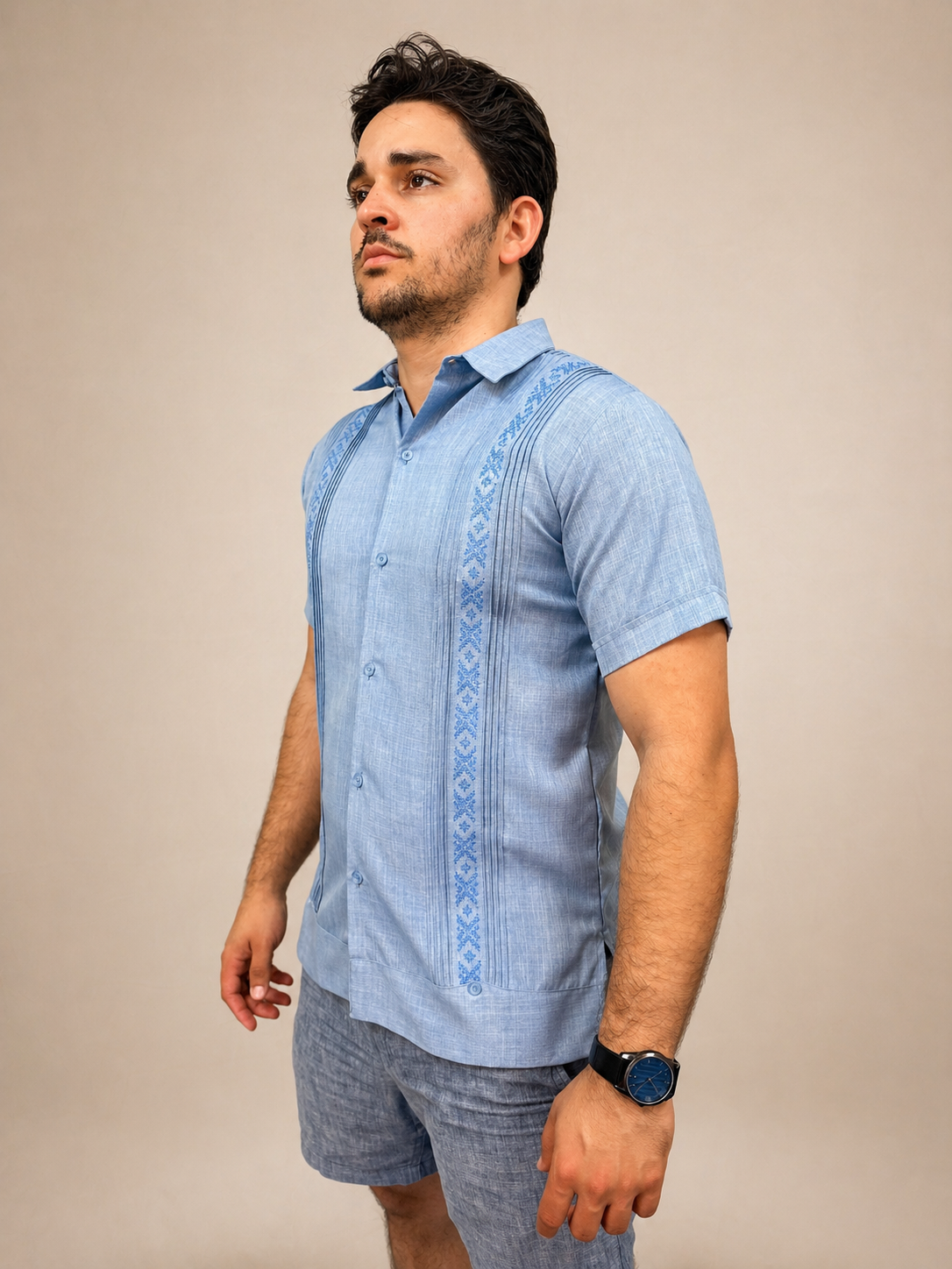 Men's Traditional Embroidered Sky Blue Guayabera