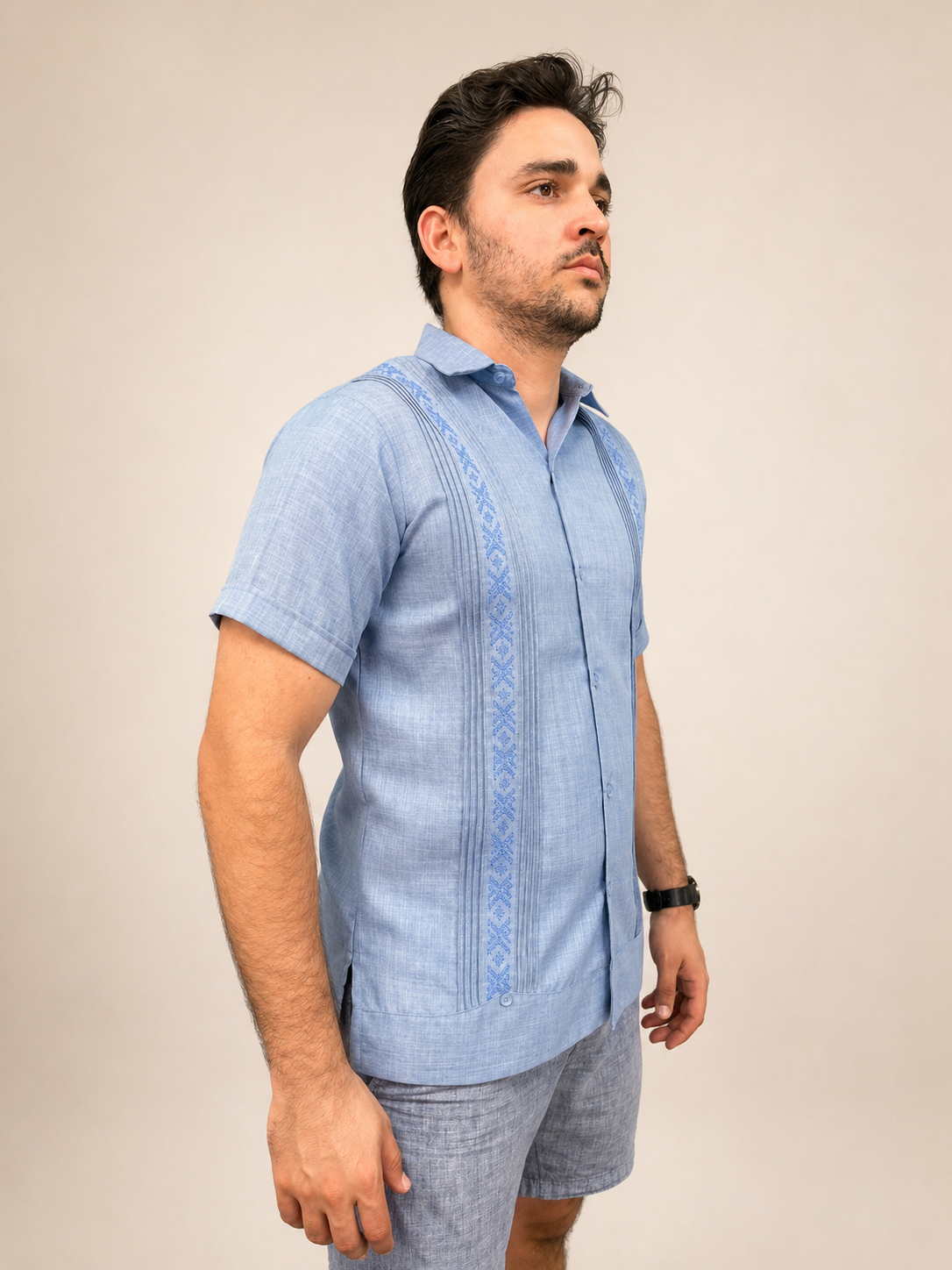 Men's Traditional Embroidered Sky Blue Guayabera