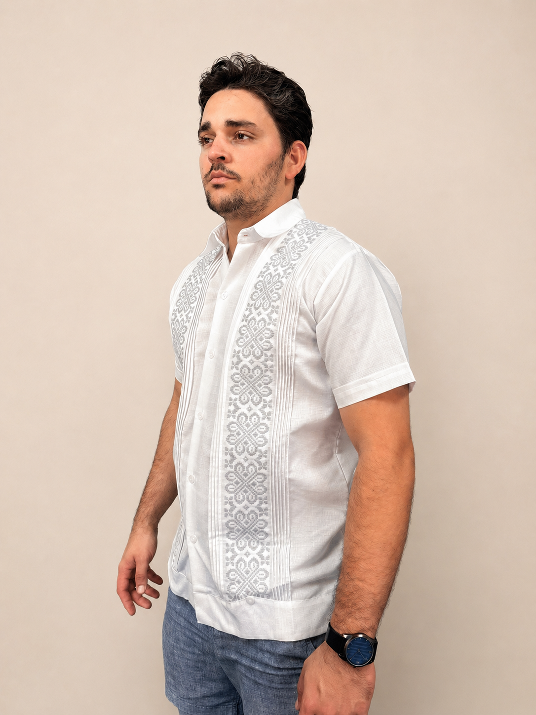 Men's White Tonal Embroidered Guayabera