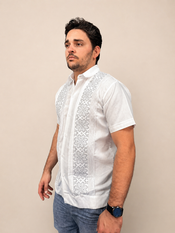 Men's White Tonal Embroidered Guayabera