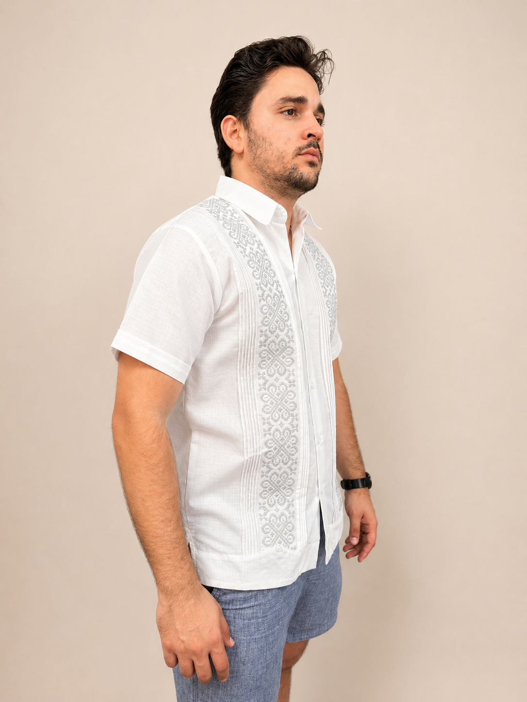 Men's White Tonal Embroidered Guayabera