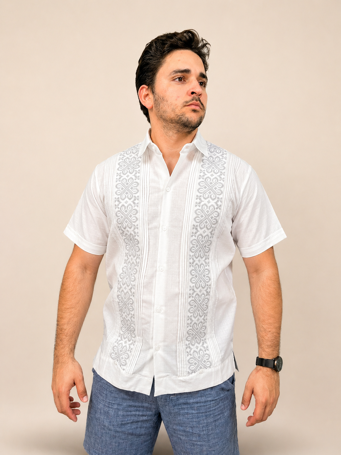 Men's White Tonal Embroidered Guayabera