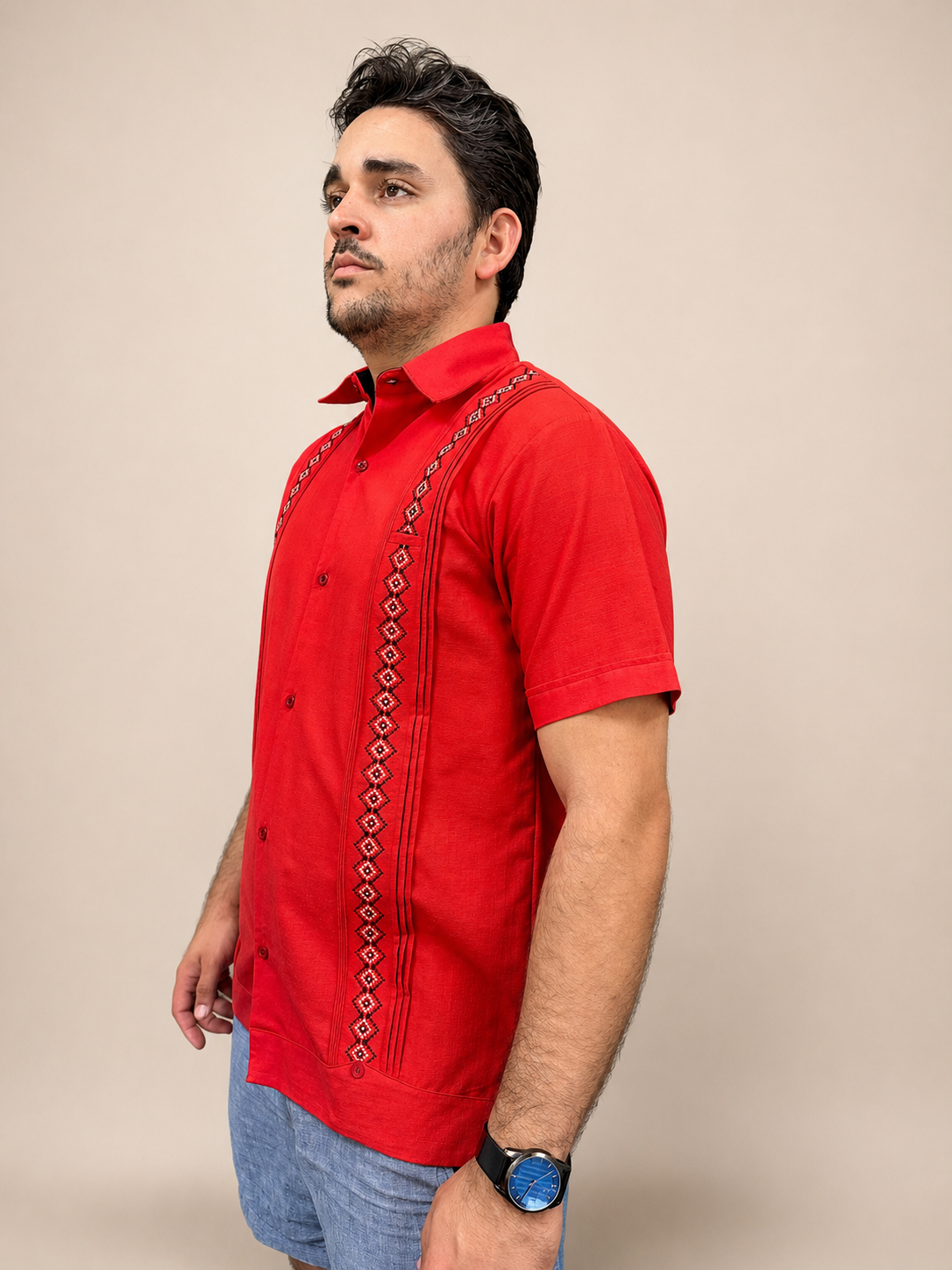 Men's Traditional Embroidered Red Guayabera