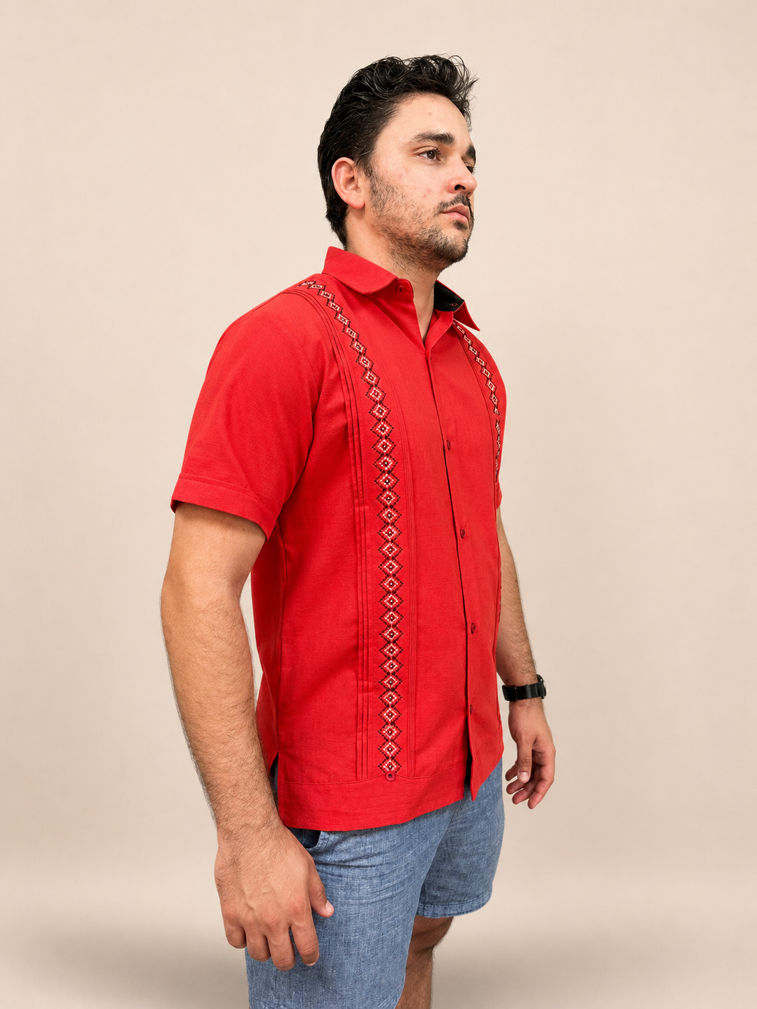 Men's Traditional Embroidered Red Guayabera