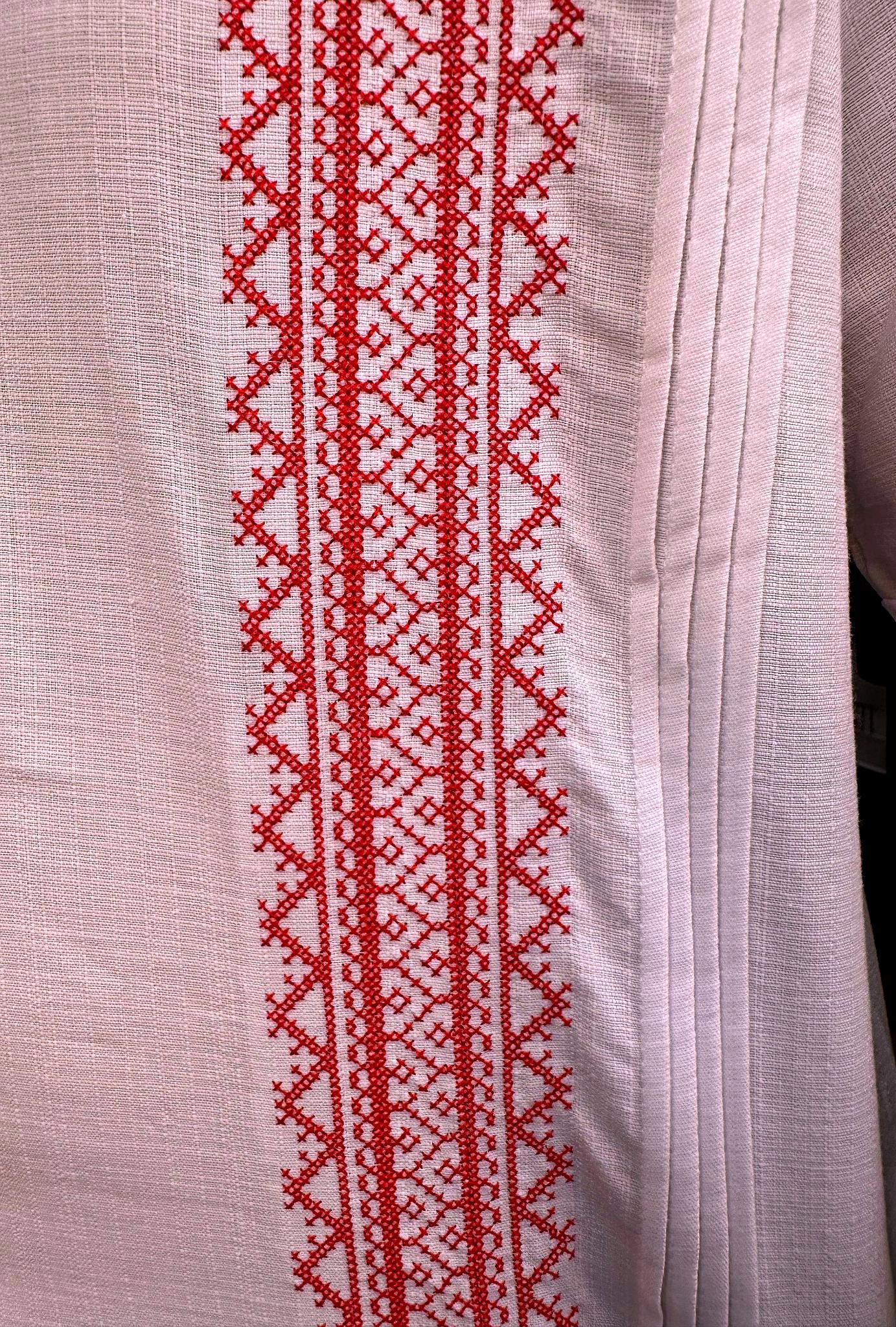 Men's Traditional Embroidered White and Red Guayabera