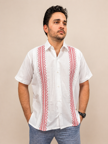 Men's Traditional Embroidered White and Red Guayabera