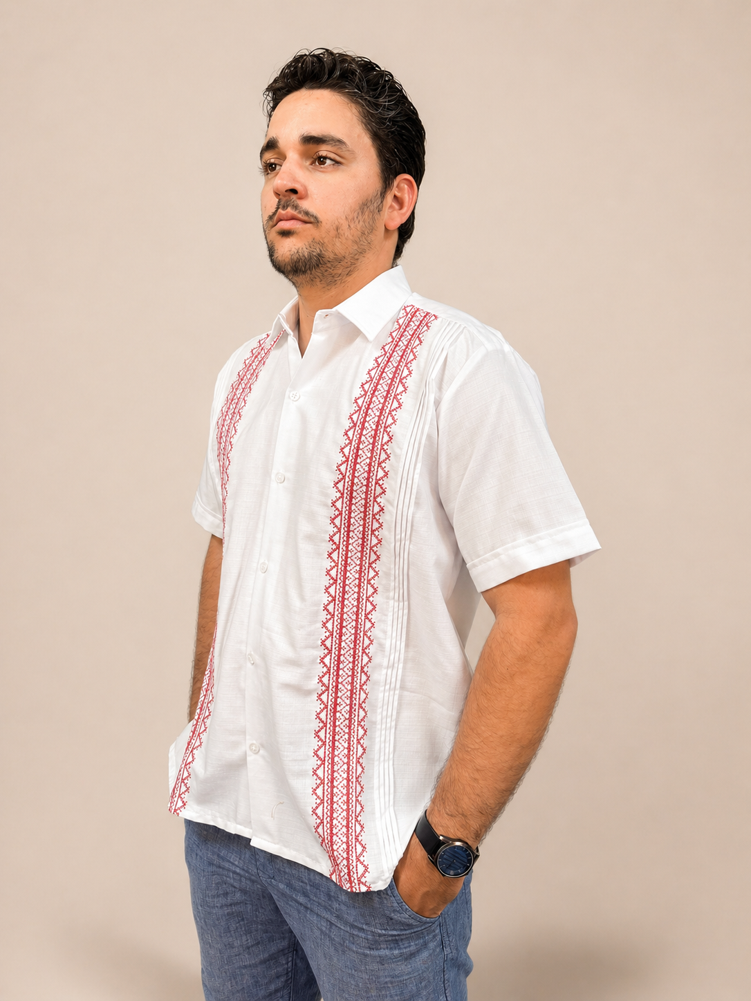 Men's Traditional Embroidered White and Red Guayabera