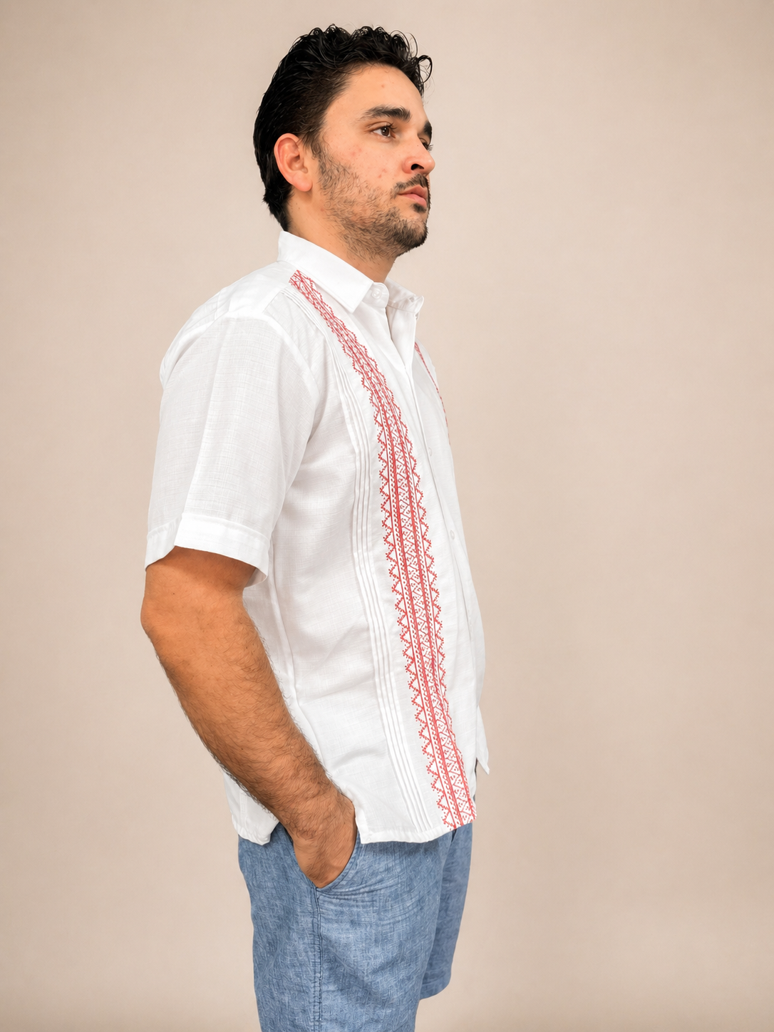 Men's Traditional Embroidered White and Red Guayabera