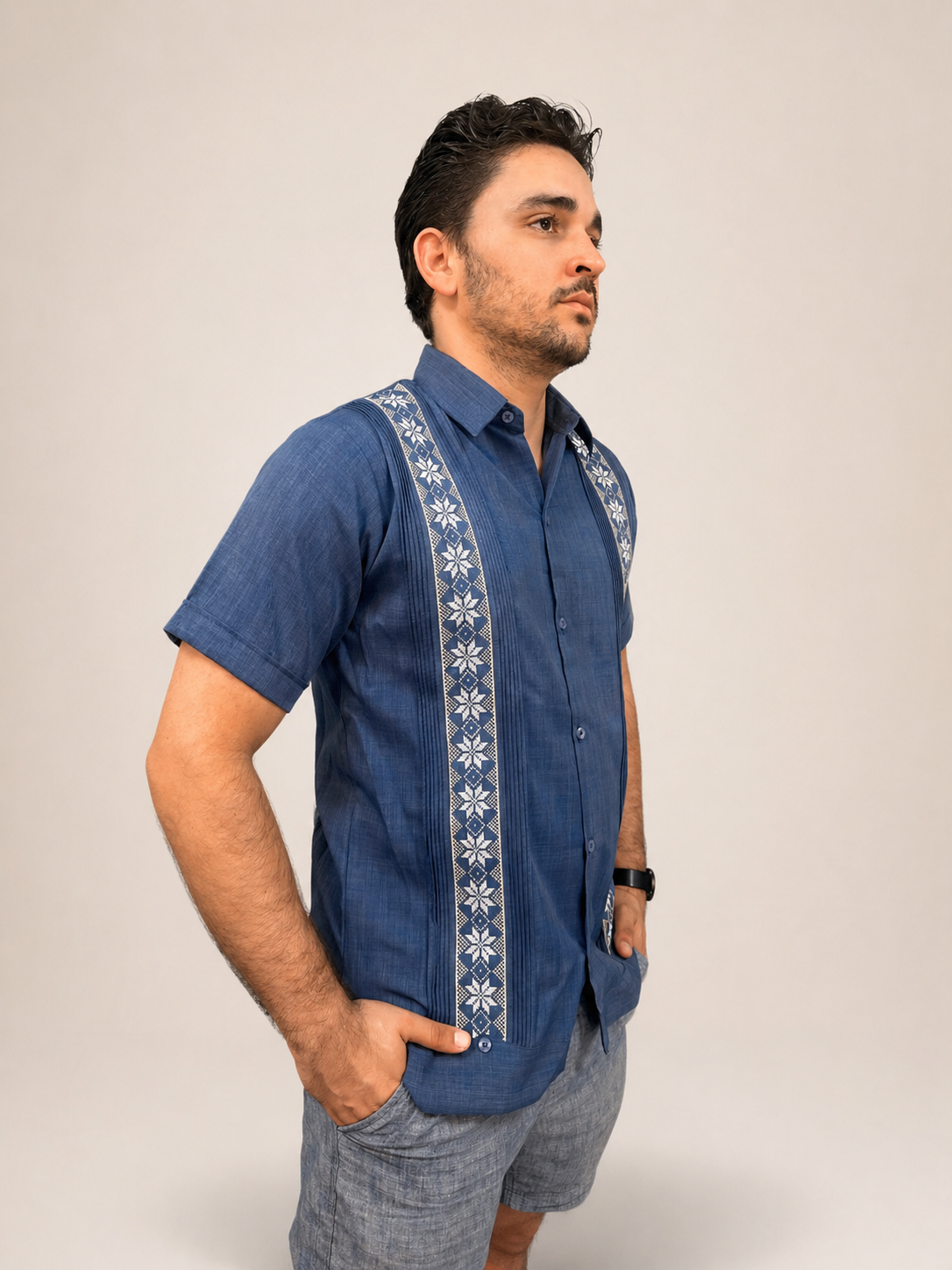 Men's Traditional Embroidered Indigo Blue Guayabera