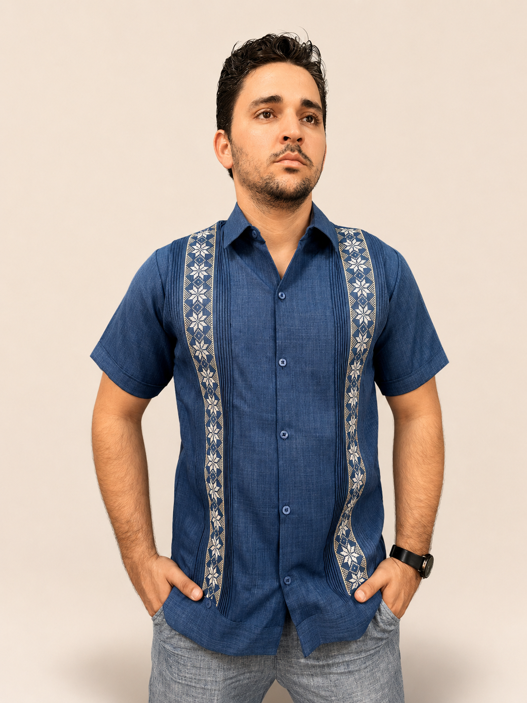 Men's Traditional Embroidered Indigo Blue Guayabera