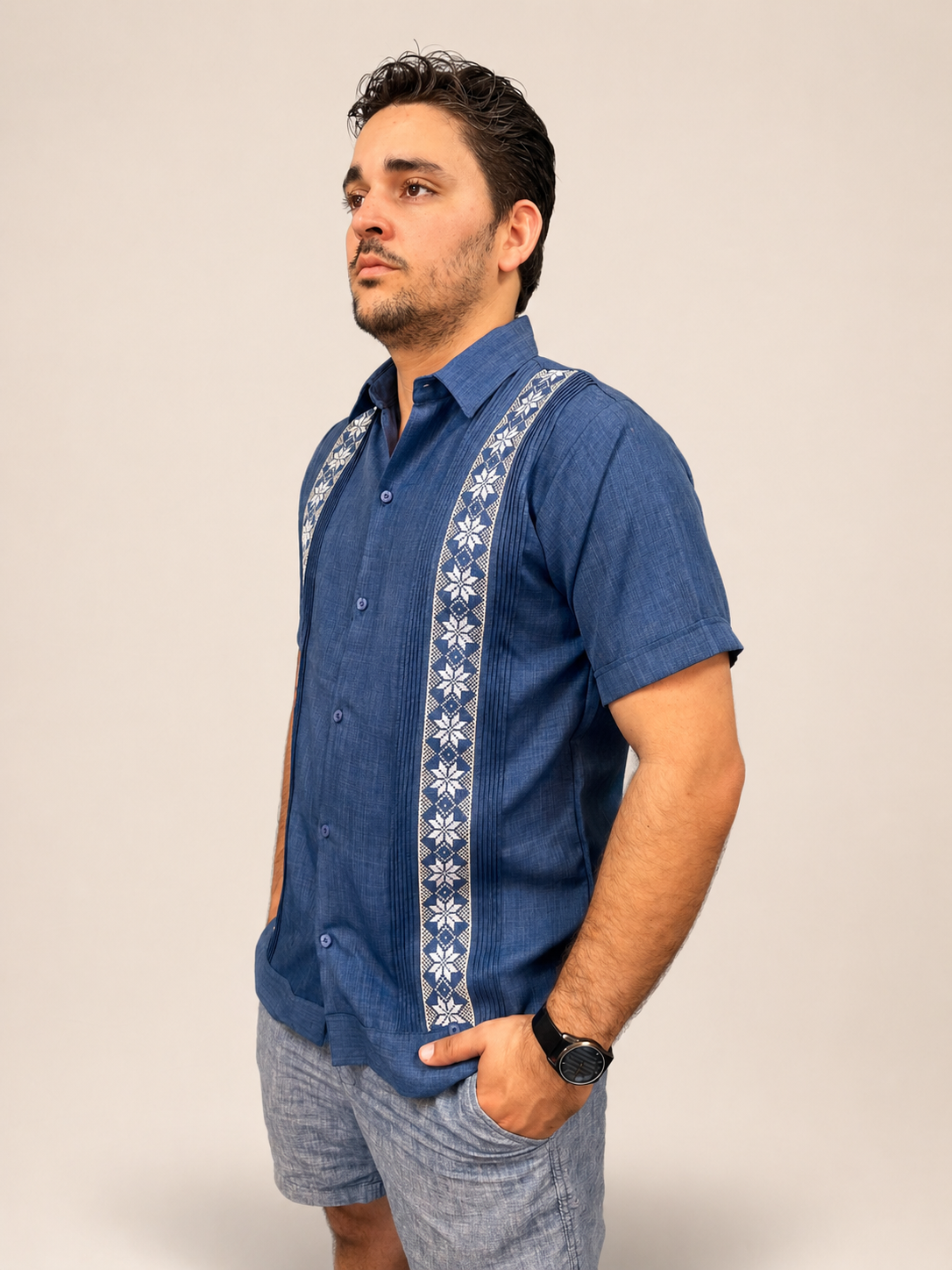 Men's Traditional Embroidered Indigo Blue Guayabera