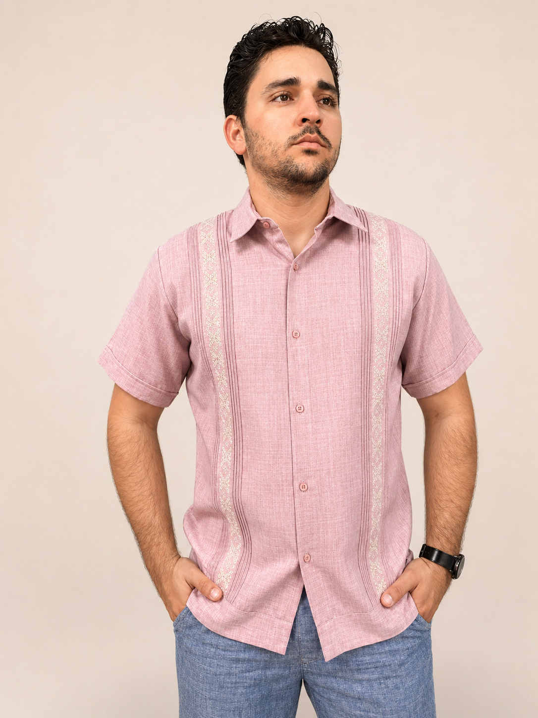 Men's Traditional Embroidered Guayabera Rosewood