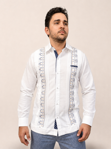 Men's Classic Embroidered White Guayabera with Blue Detail