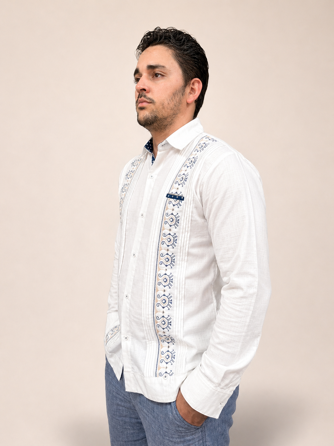 Men's Classic Embroidered White Guayabera with Blue Detail