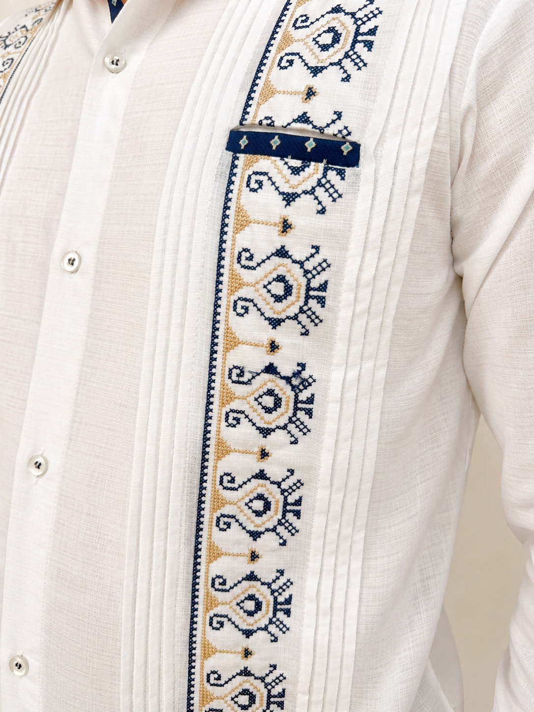 Men's Classic Embroidered White Guayabera with Blue Detail