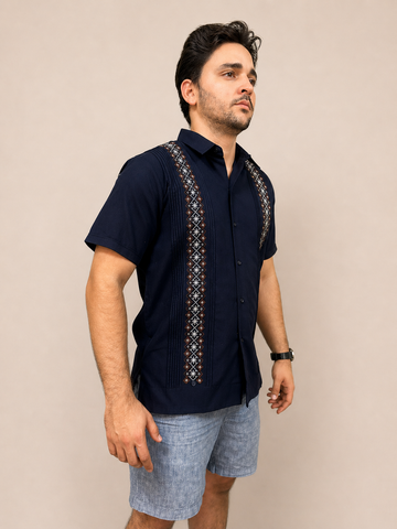 Men's Dark Blue Geometric Embroidered Guayabera