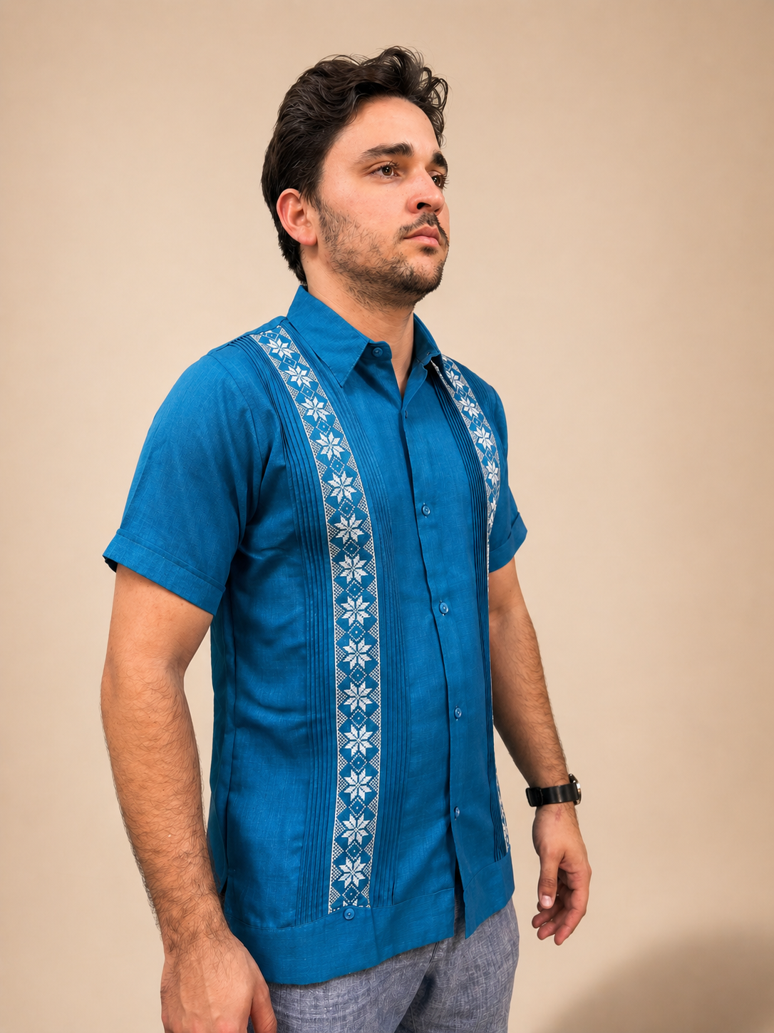 Men's Traditional Embroidered Turquoise Guayabera
