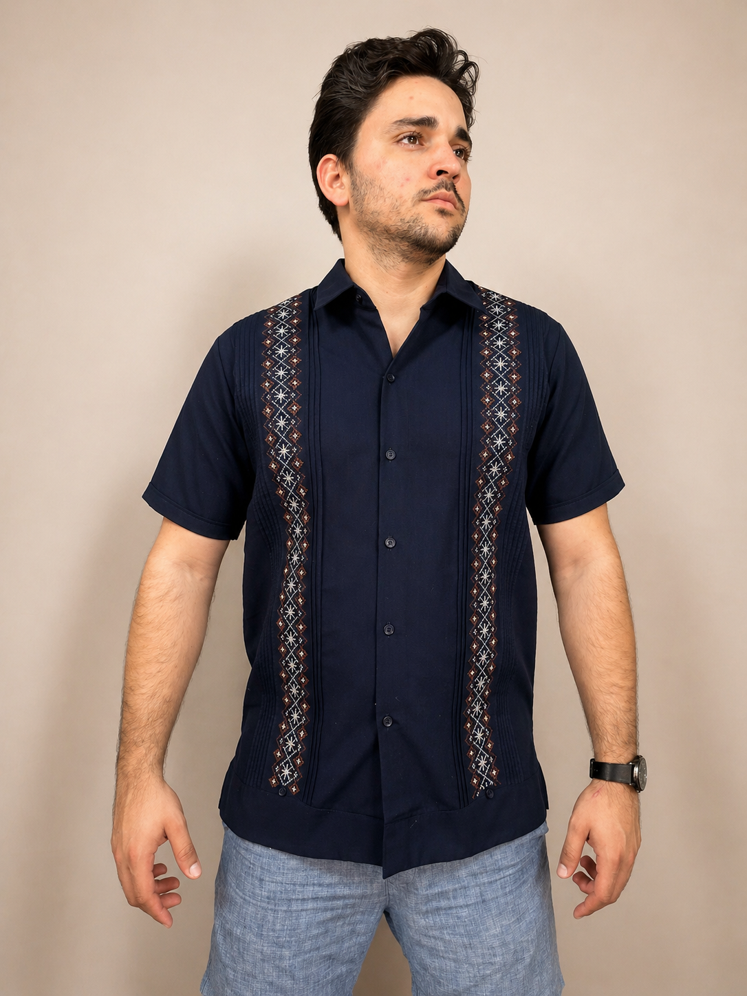 Men's Dark Blue Geometric Embroidered Guayabera
