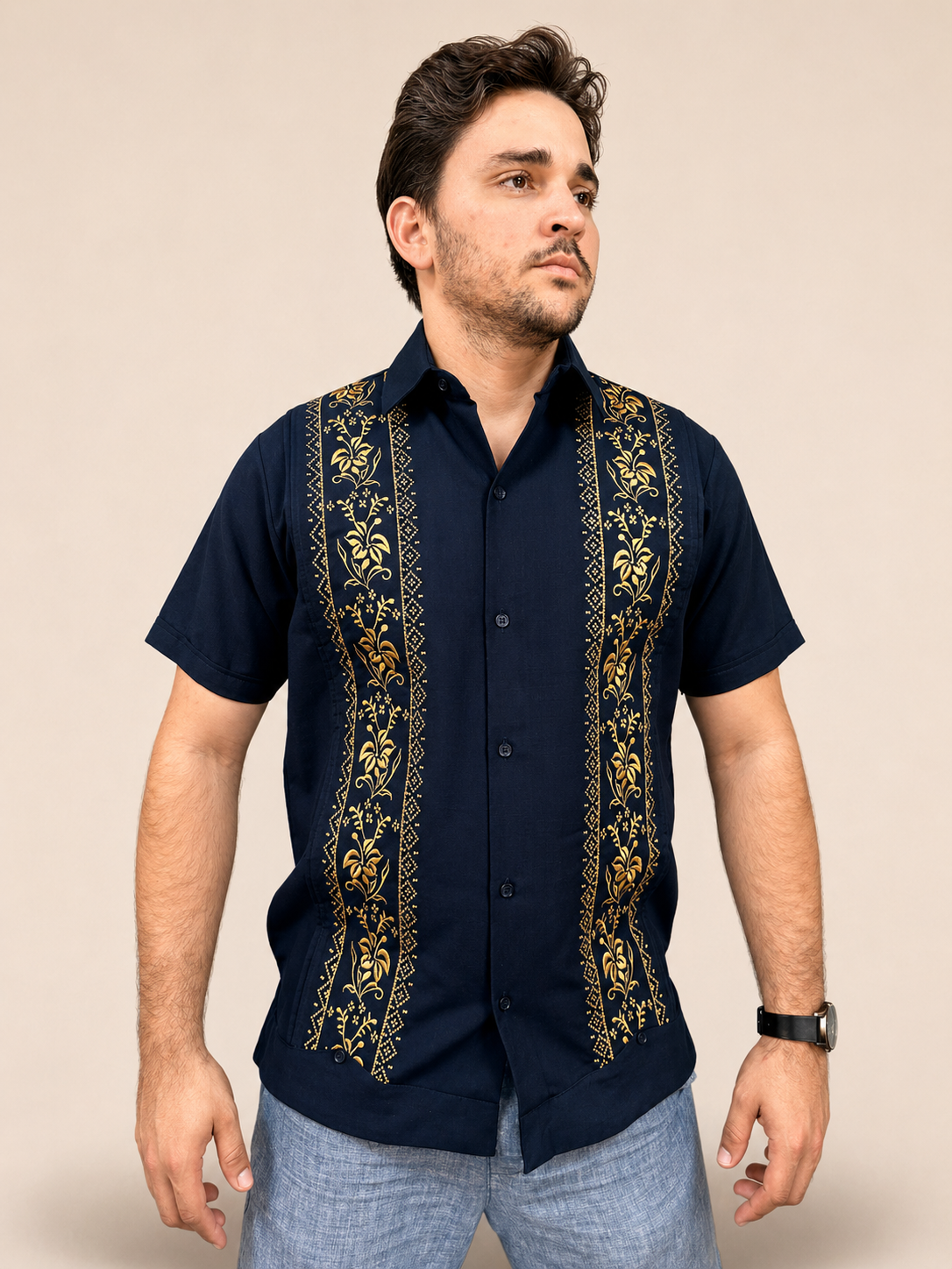 Guayabera Hombre Bordado Floral Azul Oscuro manga corta