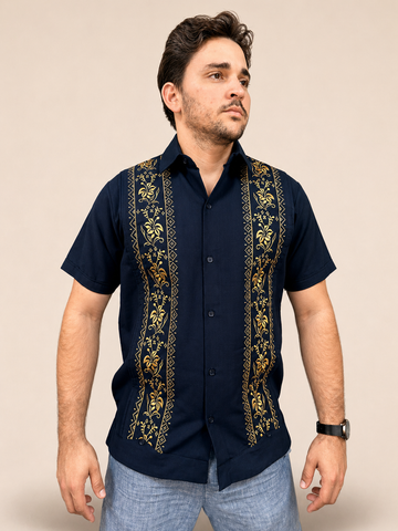 Guayabera Hombre Bordado Floral Azul Oscuro manga corta