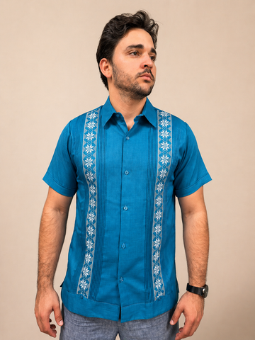 Men's Traditional Embroidered Turquoise Guayabera