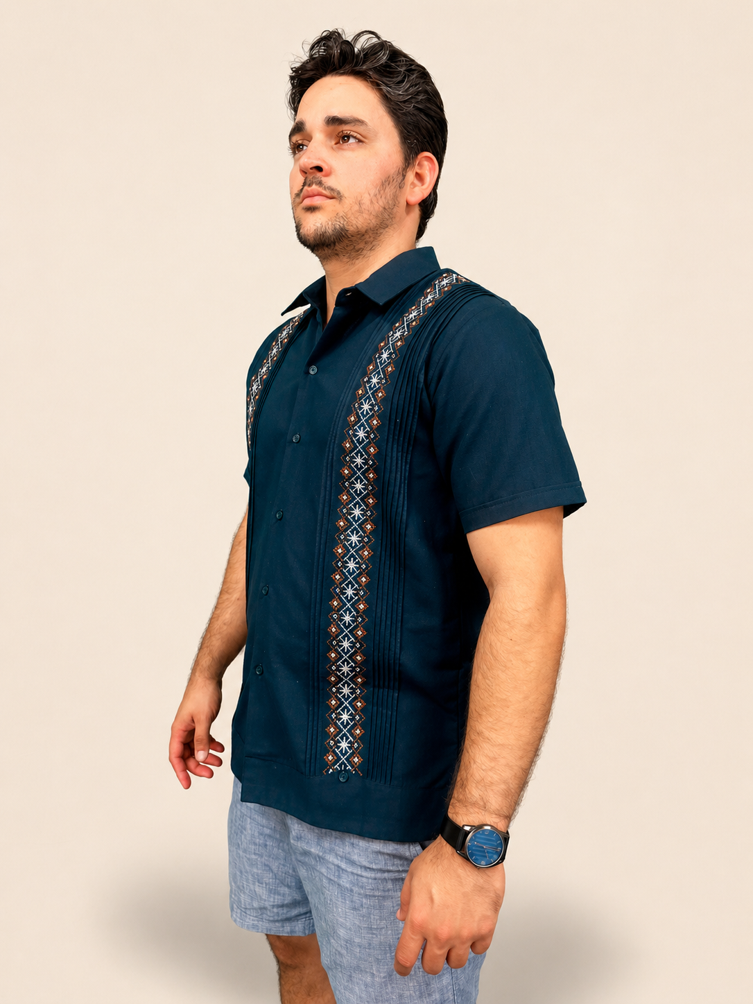 Men's Dark Blue Geometric Embroidered Guayabera