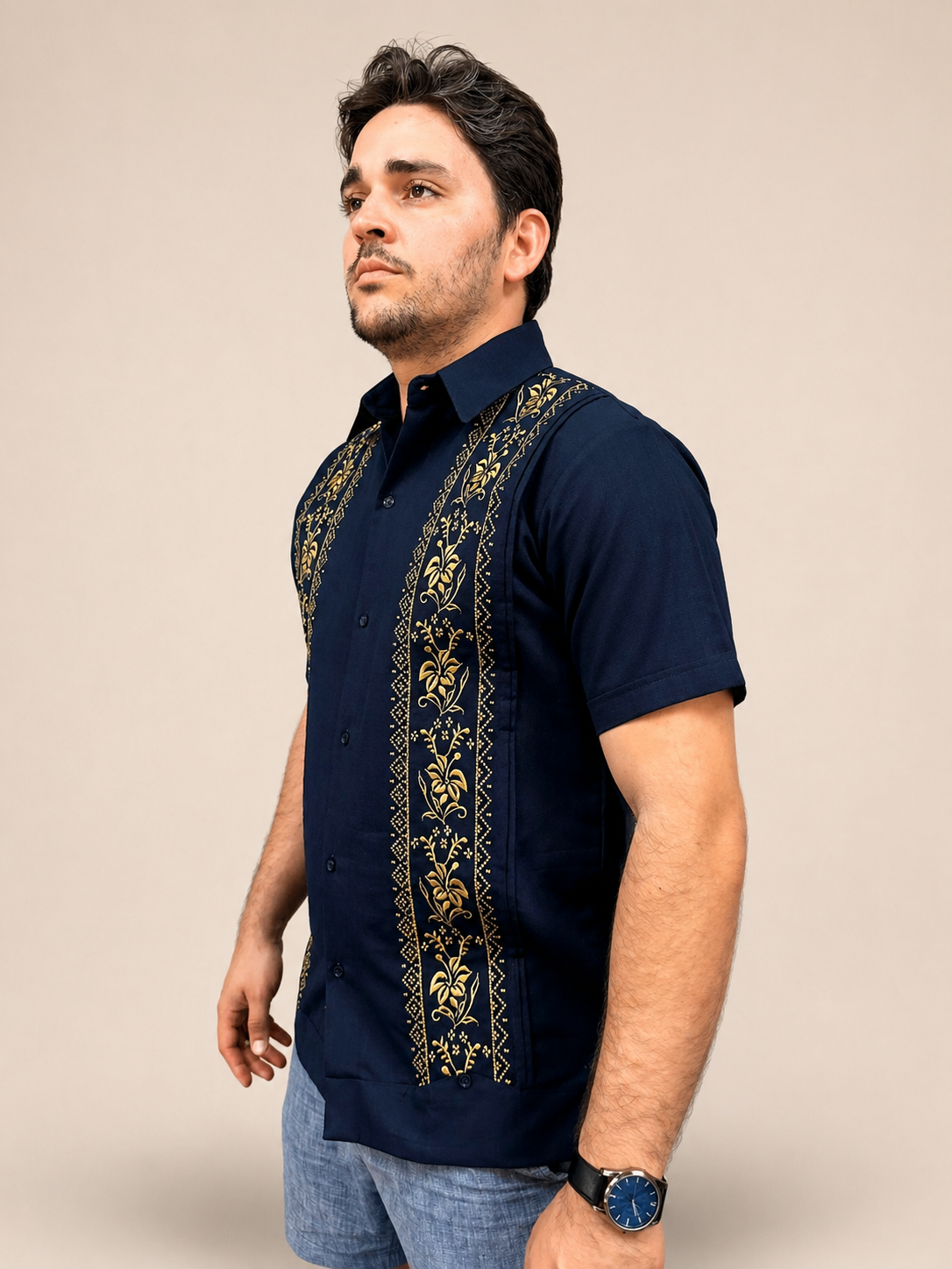 Guayabera Hombre Bordado Floral Azul Oscuro manga corta