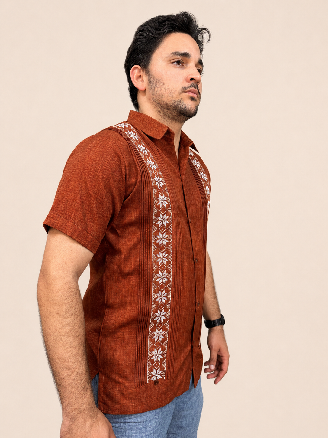 Men's Traditional Embroidered Guayabera Terracotta