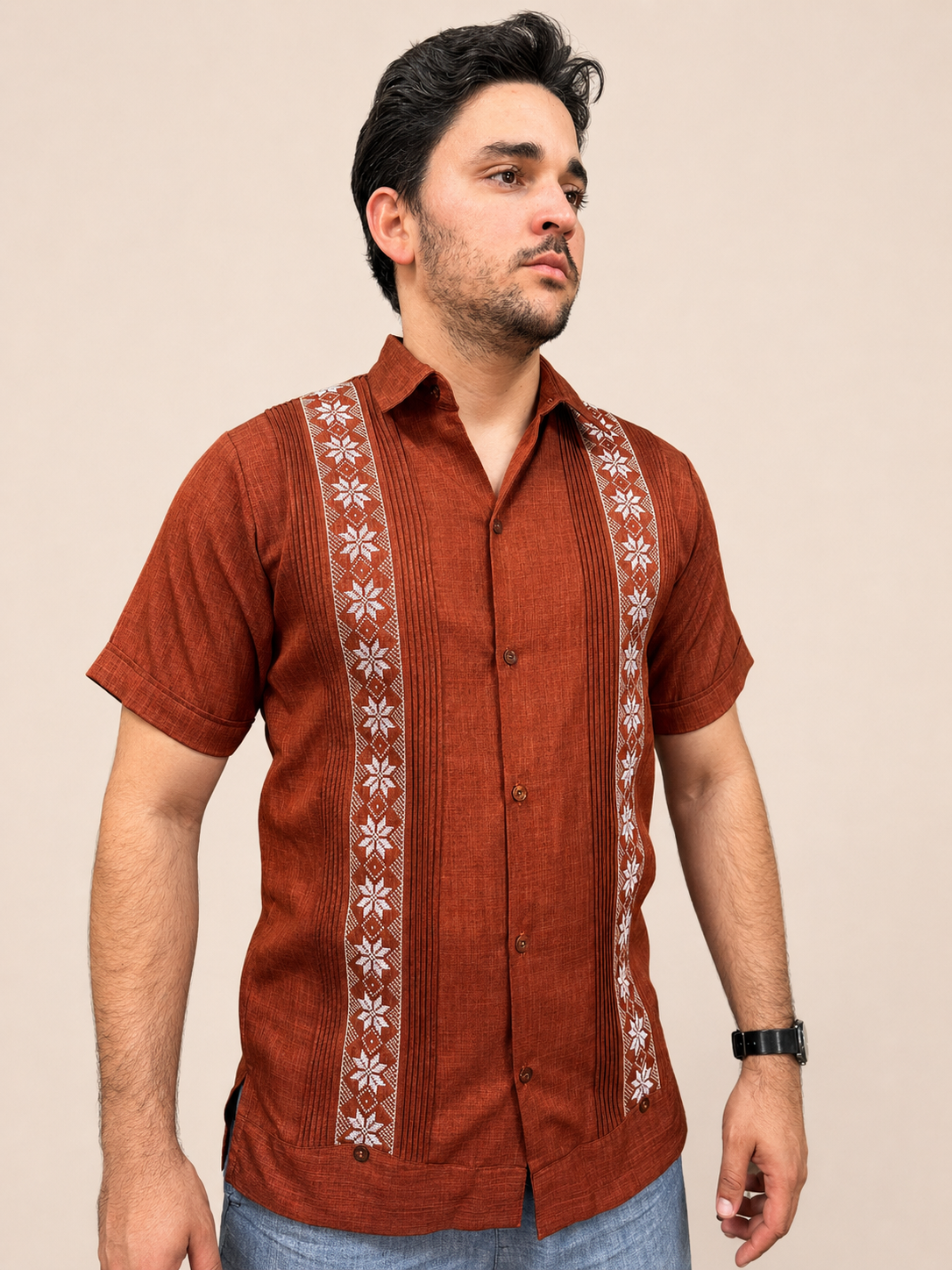 Men's Traditional Embroidered Guayabera Terracotta