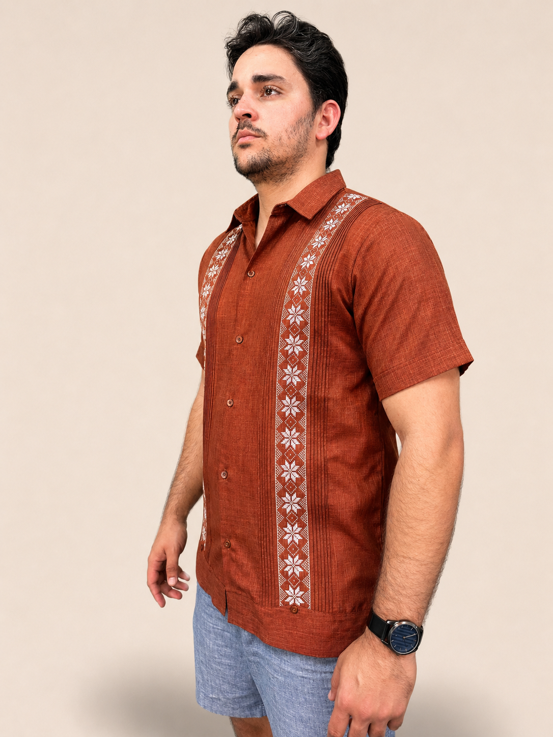 Men's Traditional Embroidered Guayabera Terracotta