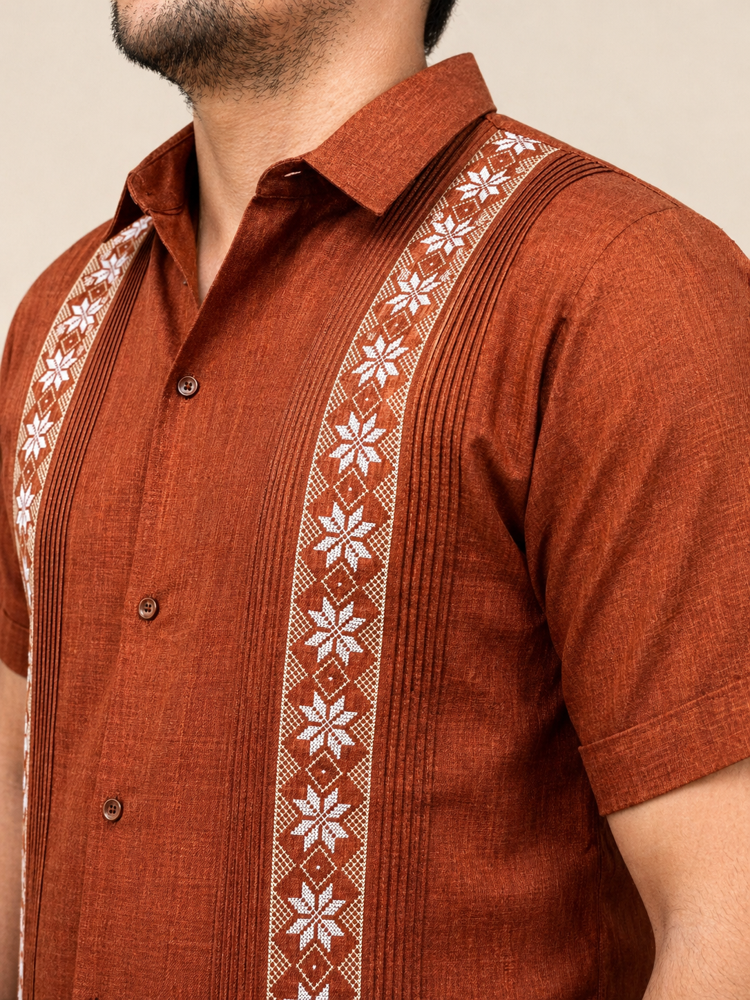 Men's Traditional Embroidered Guayabera Terracotta