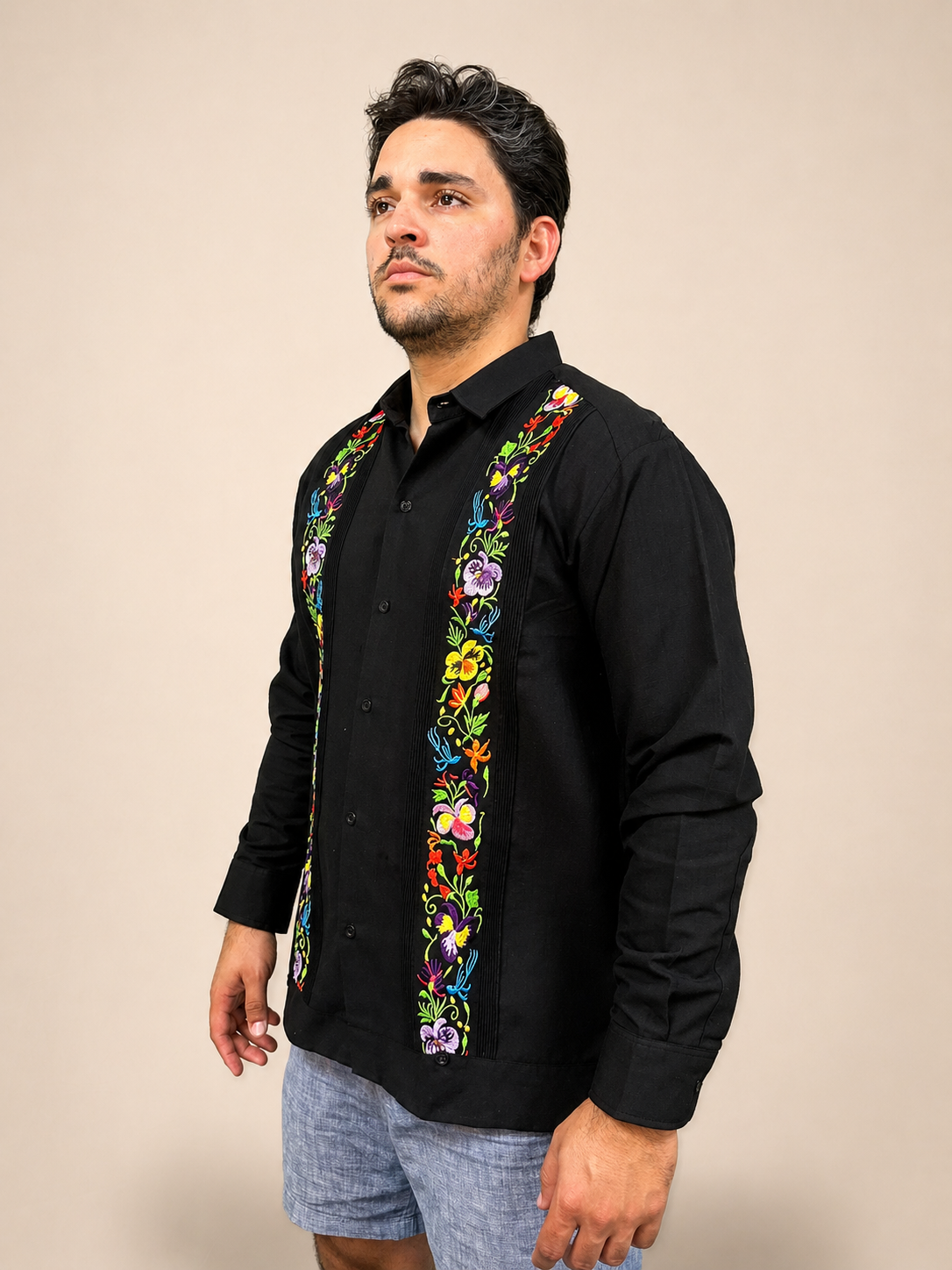 Men's Black Multicolor Floral Embroidered Guayabera