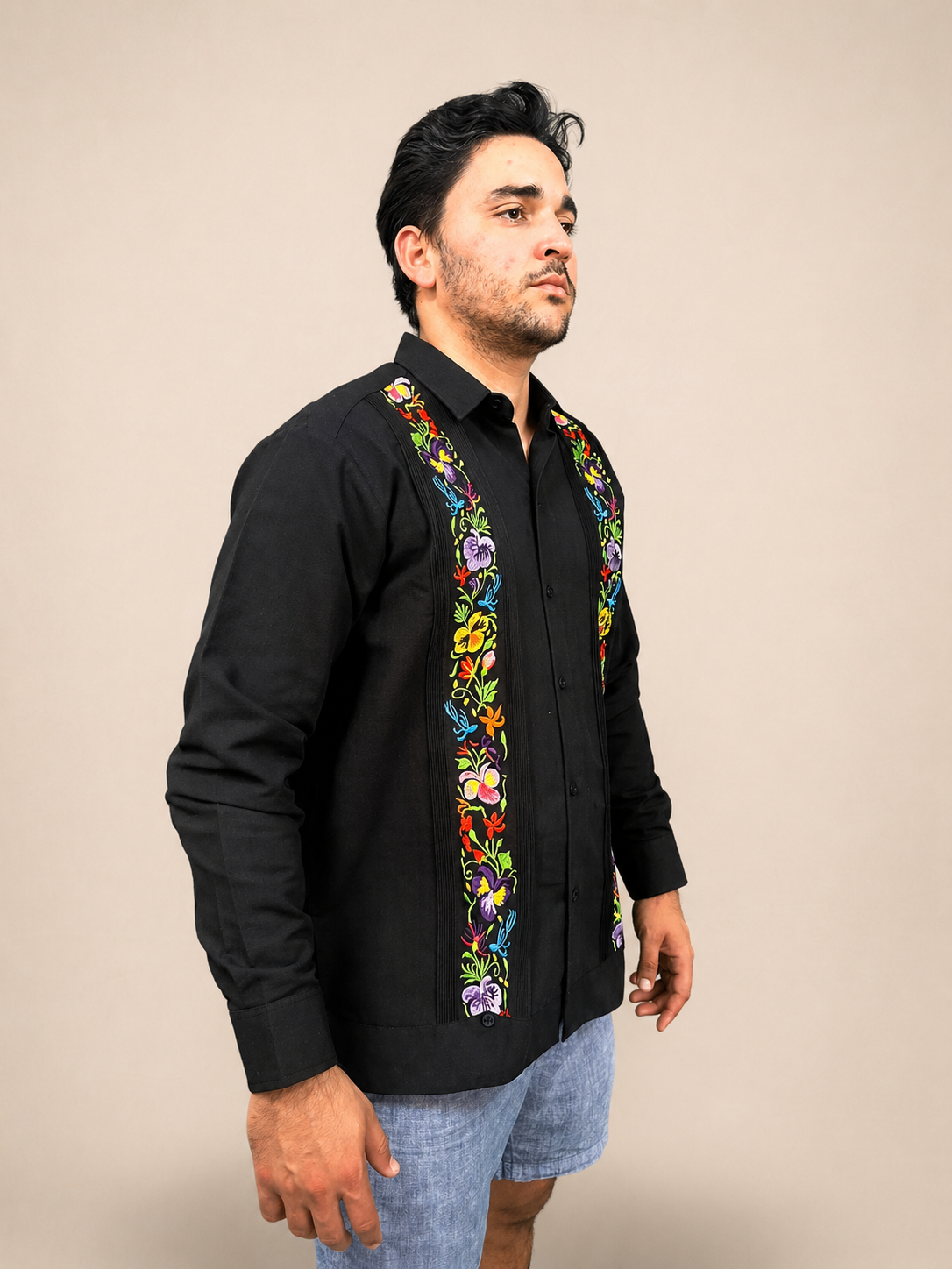 Men's Black Multicolor Floral Embroidered Guayabera