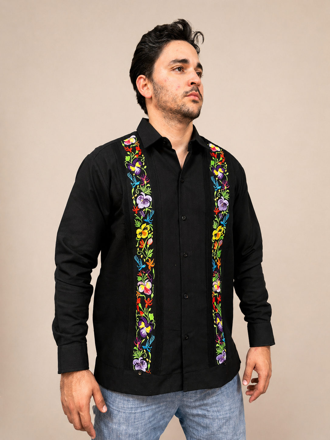 Men's Black Multicolor Floral Embroidered Guayabera