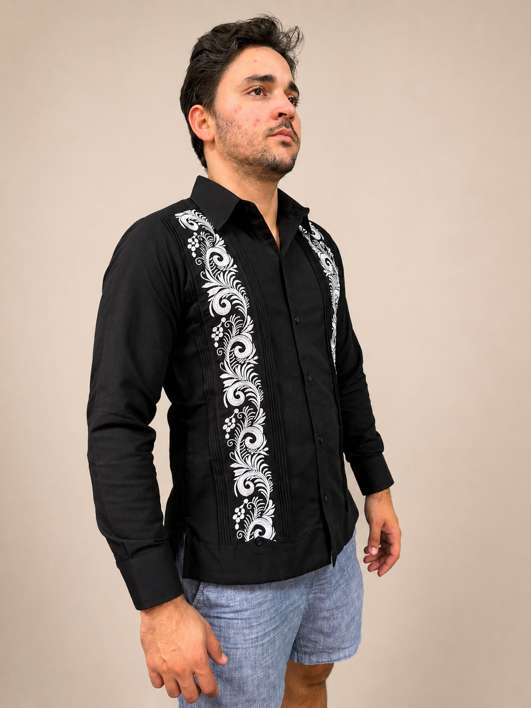 Men's Black Embroidered Baroque Guayabera