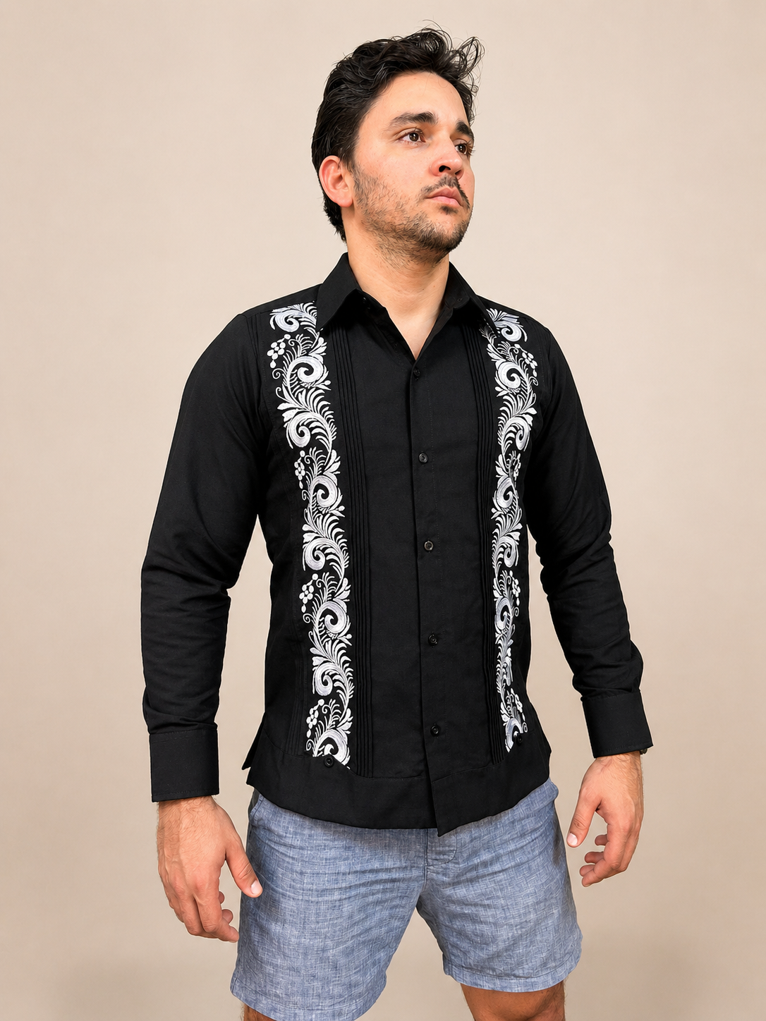Men's Black Embroidered Baroque Guayabera