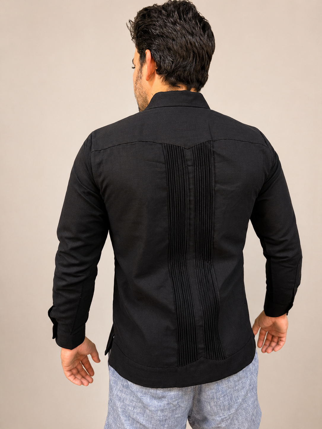 Men's Black Embroidered Baroque Guayabera