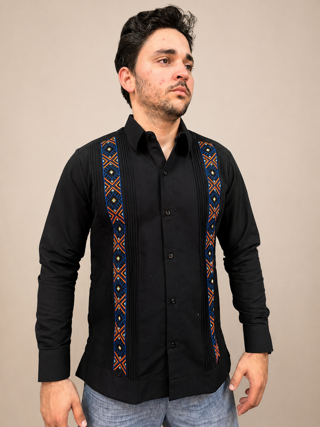 Men's Black Embroidered Ethnic Guayabera