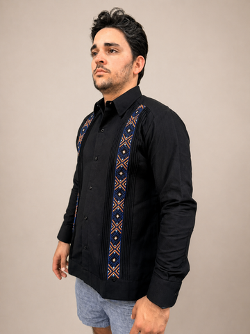 Men's Black Embroidered Ethnic Guayabera