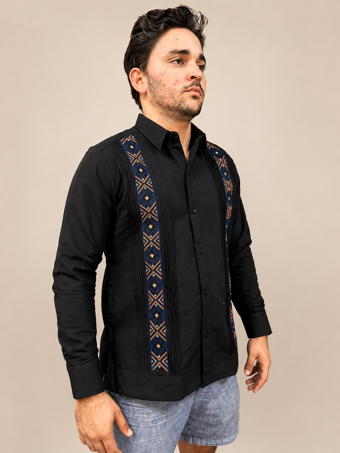 Men's Black Embroidered Ethnic Guayabera