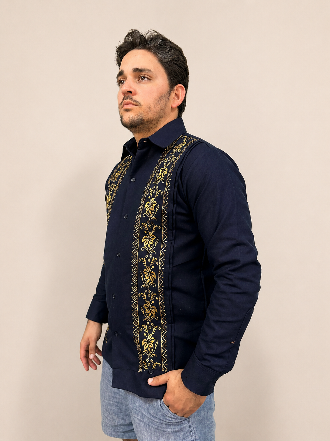 Men's Dark Blue Floral Embroidered Long Sleeve Guayabera