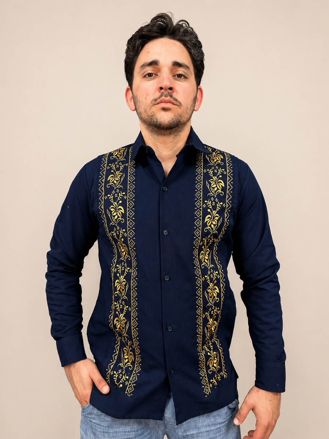 Men's Dark Blue Floral Embroidered Long Sleeve Guayabera